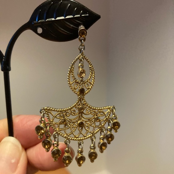 Earrings.  Indian chandelier style.  Brownish stones. Post back. - Picture 2 of 4